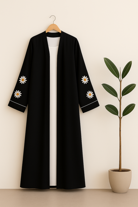 Black Daisy Embroidered Abaya – Double Georgette