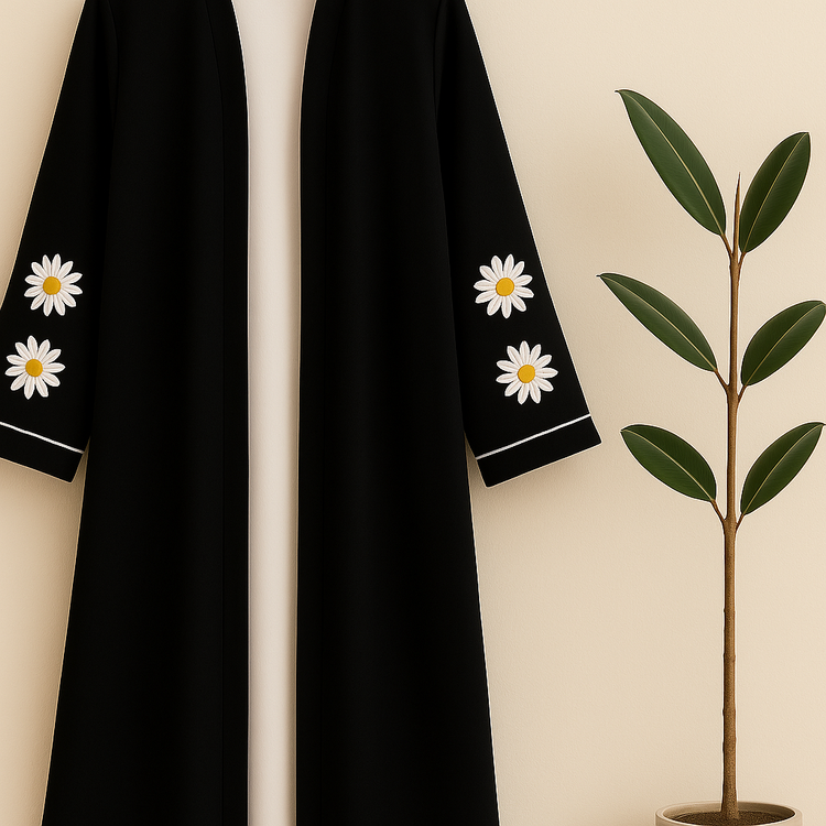 Black Daisy Embroidered Abaya – Double Georgette