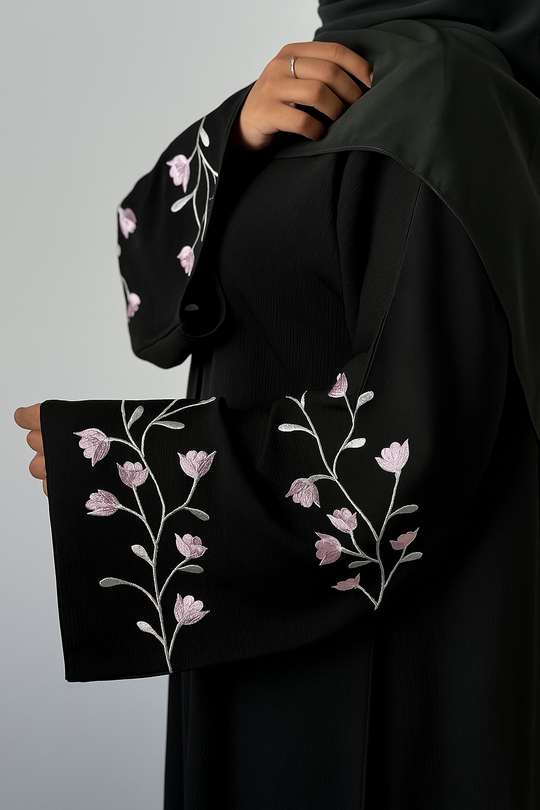Floral Embroidered Crushed Silk Abaya