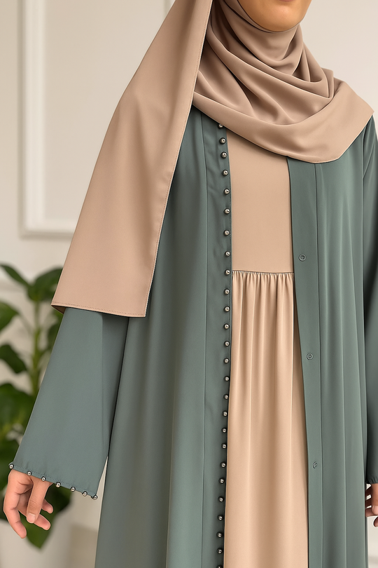 Double Georgette Gown Set with Pearl Detail – Sage & Nude