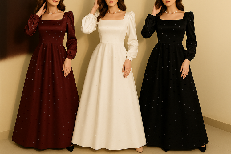 Elegant Pearl-Embellished Silk Gown