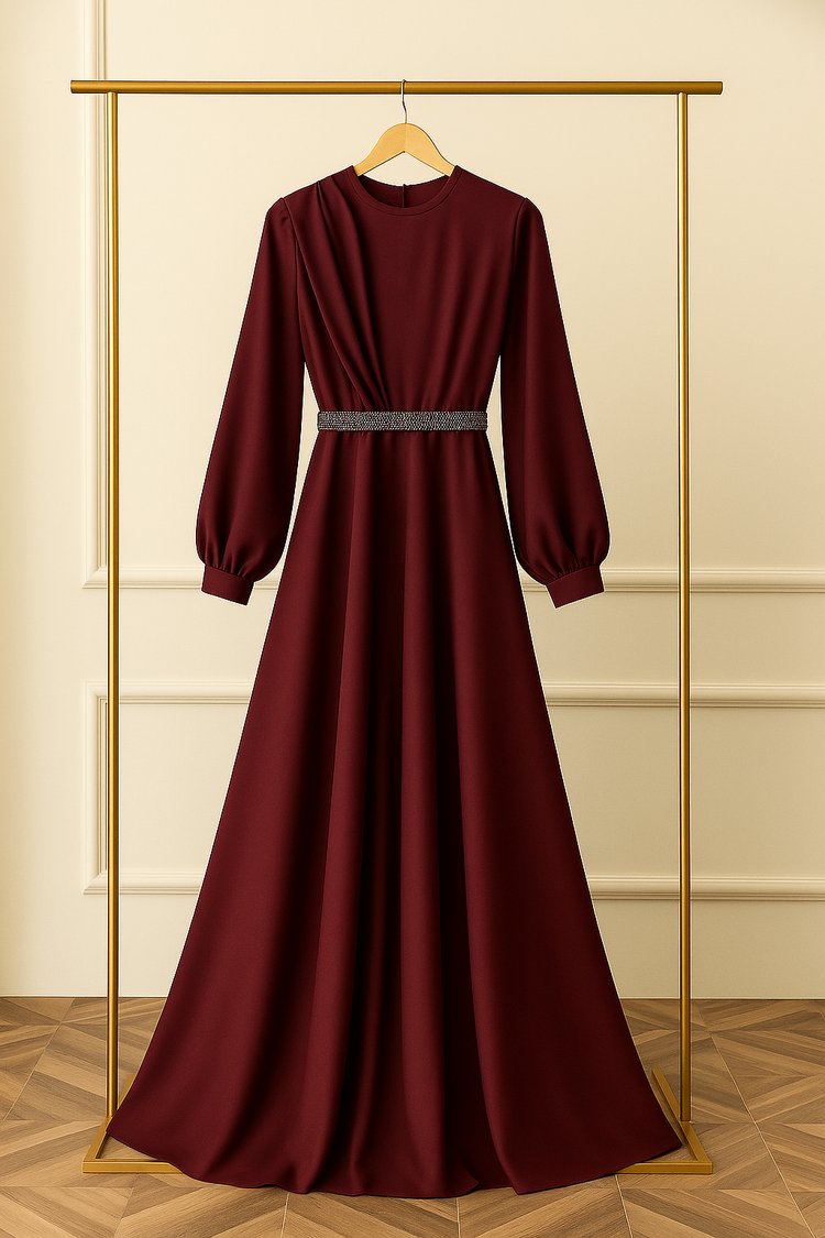 Elegant Full-Length Silk Gown with Statement Waist Detail