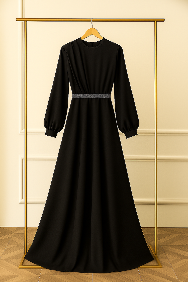 Elegant Full-Length Silk Gown with Statement Waist Detail