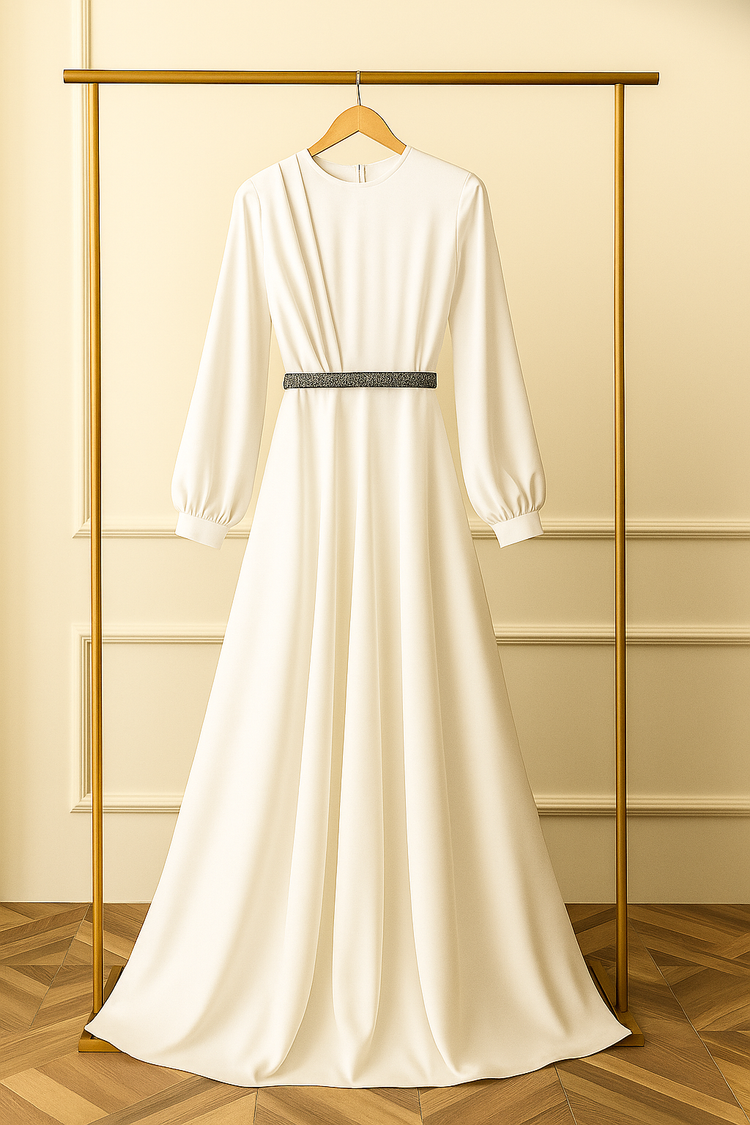 Elegant Full-Length Silk Gown with Statement Waist Detail