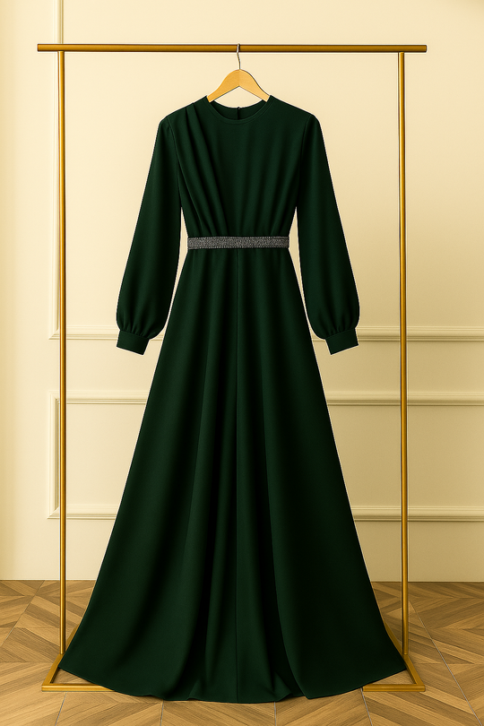 Elegant Full-Length Silk Gown with Statement Waist Detail