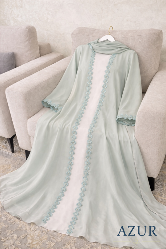 Lace-Trim Double Georgette Open Abaya Set (Inner + Gown)