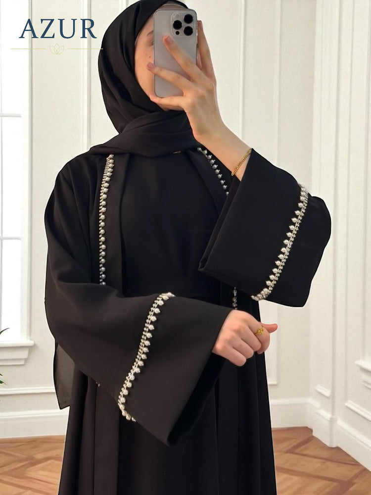 Black Double Georgette Abaya with Pearl Trim Detailing