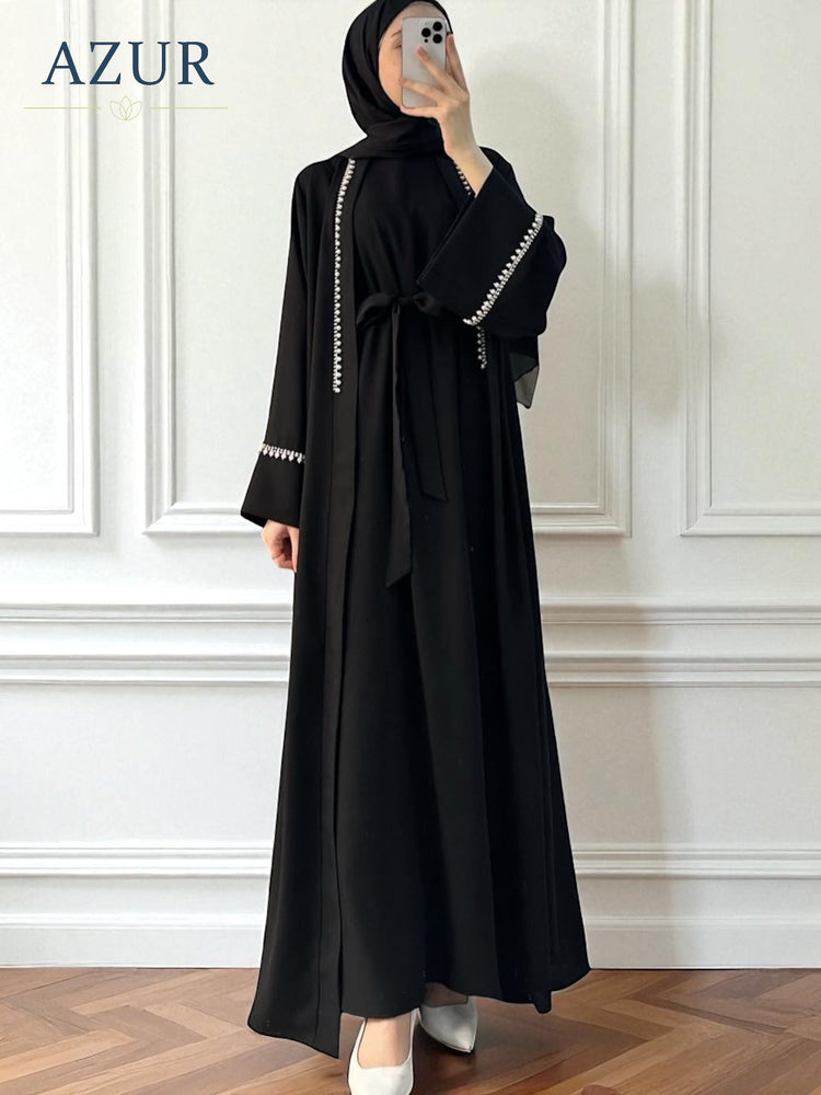Black Double Georgette Abaya with Pearl Trim Detailing