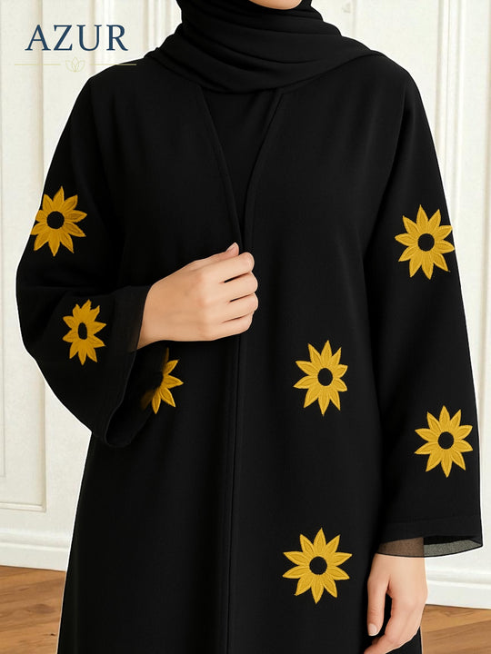Black Double Georgette Abaya with Sunflower Embroidery
