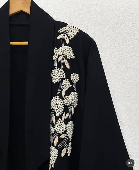 Elegant Pearl-Embroidered Georgette Gown with Inner