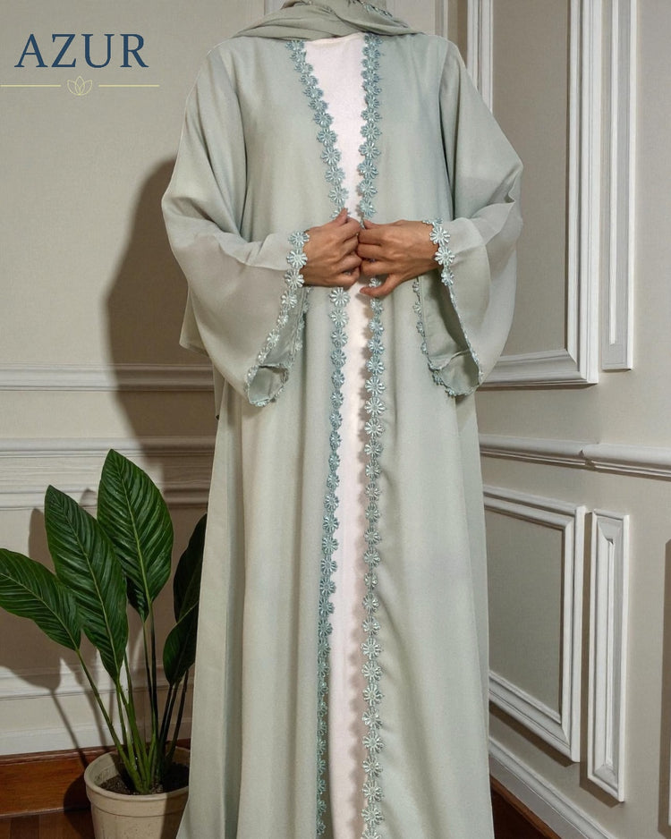 Lace-Trim Double Georgette Open Abaya Set (Inner + Gown)