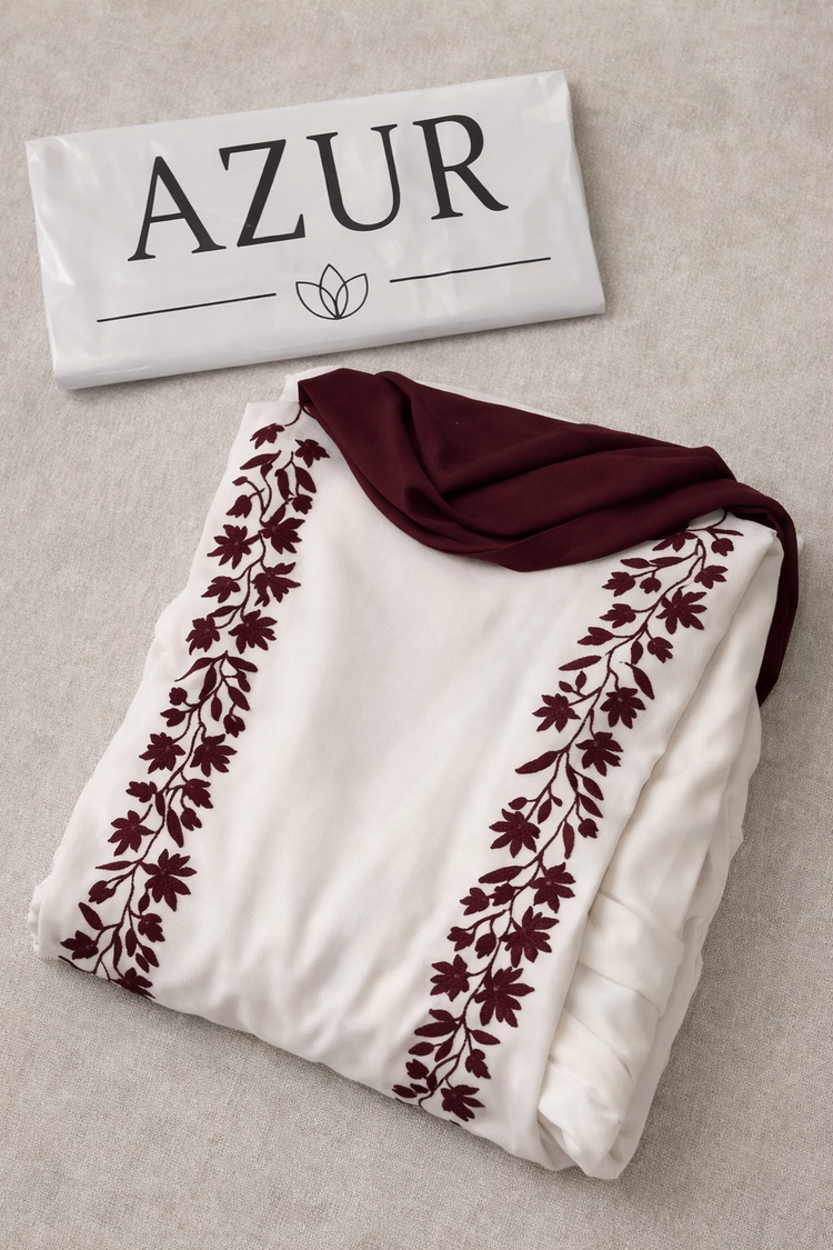 Ivory & Maroon Panel Embroidered Abaya