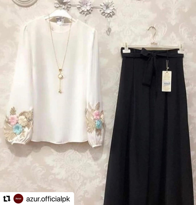 Elegant Shirt & Flowy Skirt Set with 3D Floral Motif