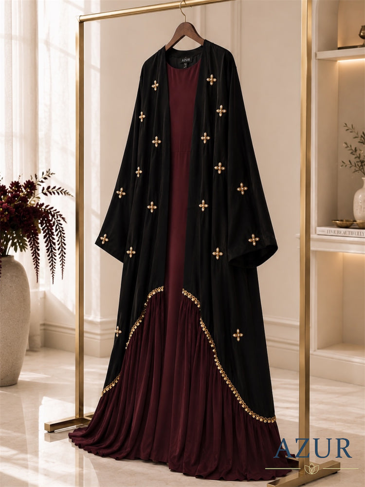 Noir Maroon Embellished Abaya Set