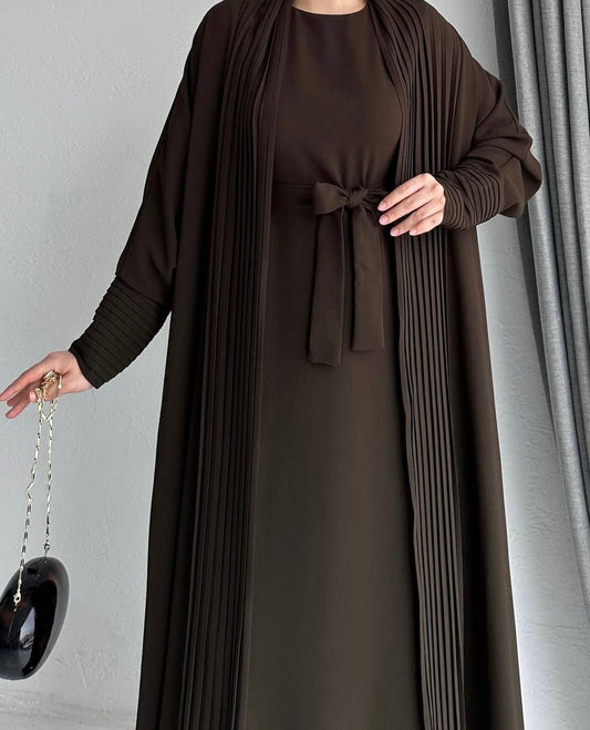 Elegant Pleated Open Abaya with Belted Inner Dress