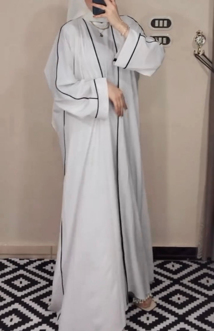 Elegant White Double Georgette Abaya with Inner – Black Piping Detail