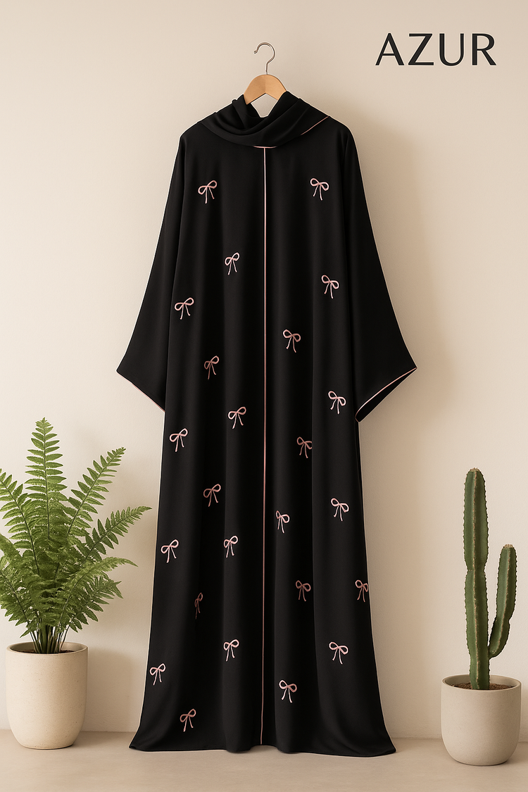 Black Abaya with Pink Bow Embroidery