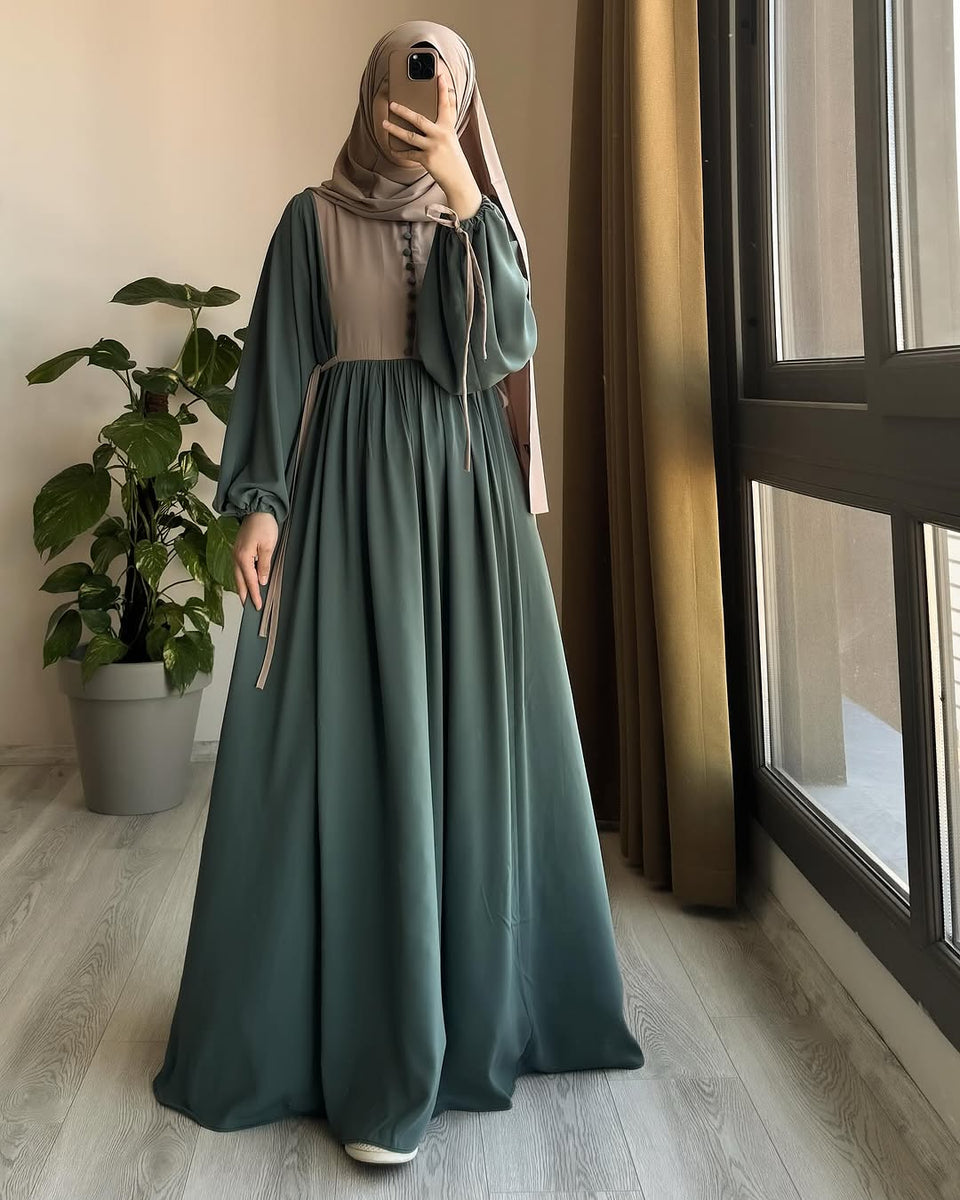 Two-Tone Modest Flowy Abaya Dress – Double Georgette – Azurofficial