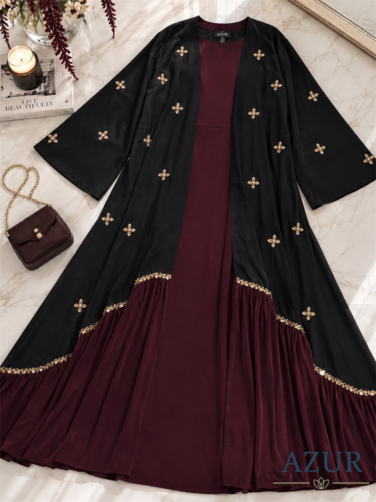 Noir Maroon Embellished Abaya Set