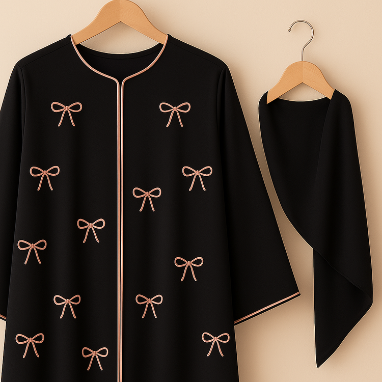 Black Abaya with Pink Bow Embroidery