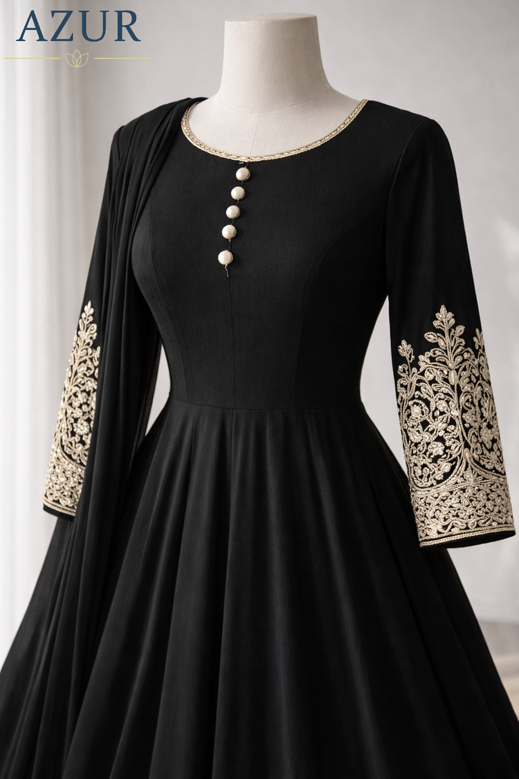 Embroidered Sleeve Flared Gown with Chiffon Dupatta