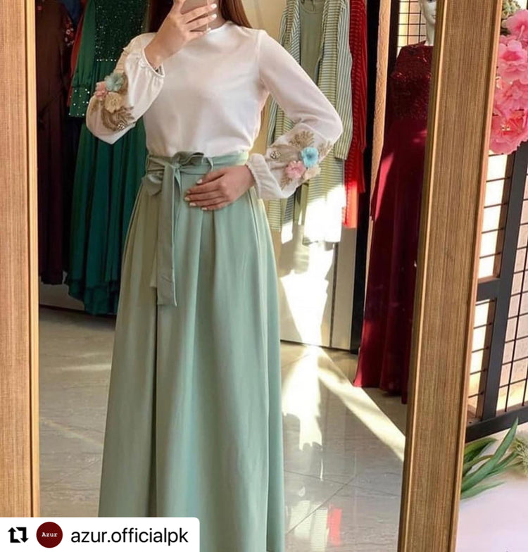 Elegant Shirt & Flowy Skirt Set with 3D Floral Motif
