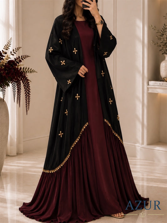 Noir Maroon Embellished Abaya Set