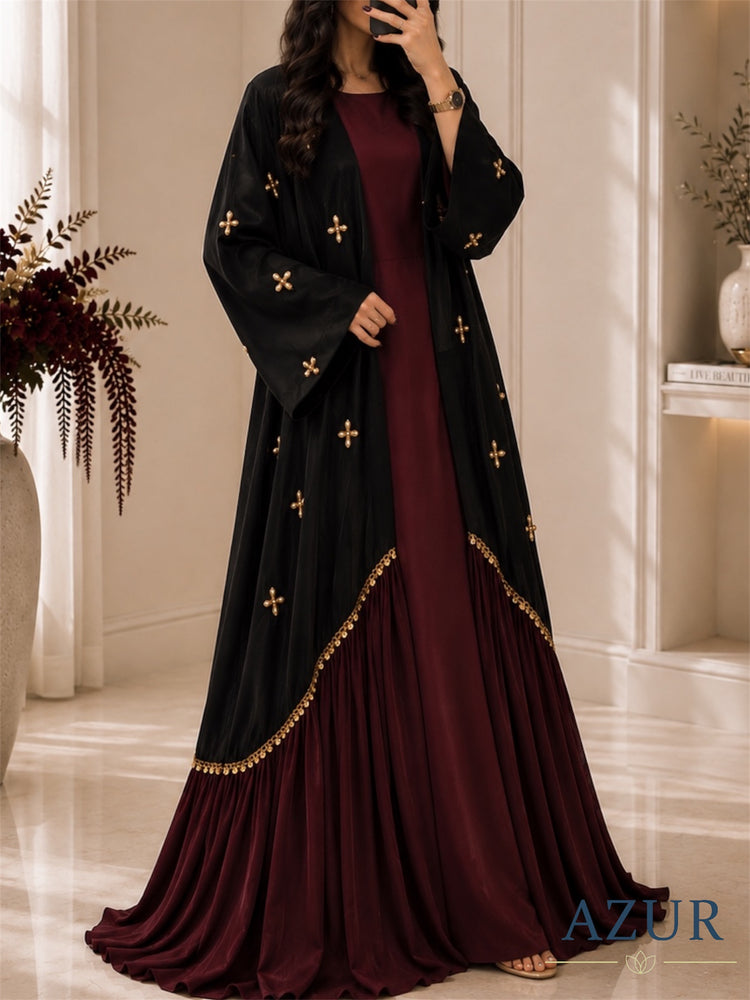 Noir Maroon Embellished Abaya Set