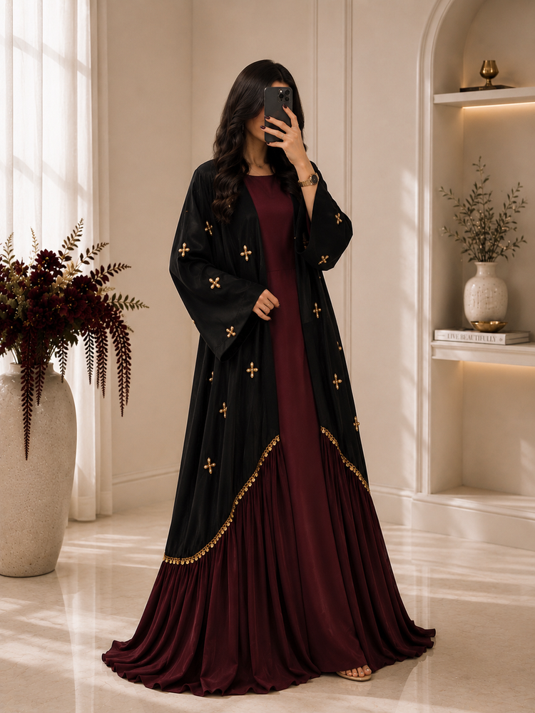 Noir Maroon Embellished Abaya Set