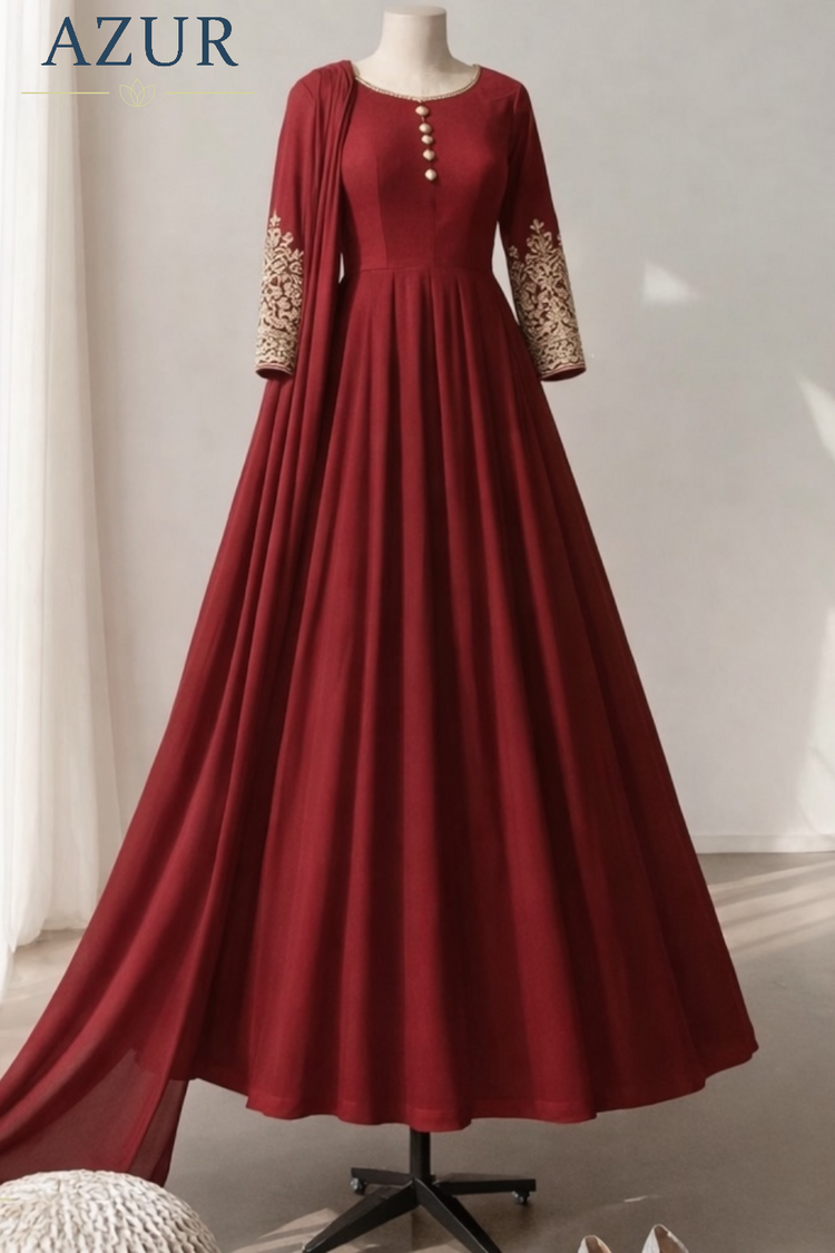 Embroidered Sleeve Flared Gown with Chiffon Dupatta