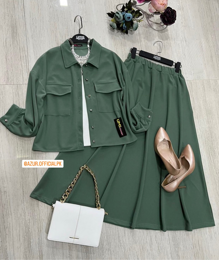 Double Georgette 3-Piece Co-Ord Set (Inner, Shirt & Skirt)