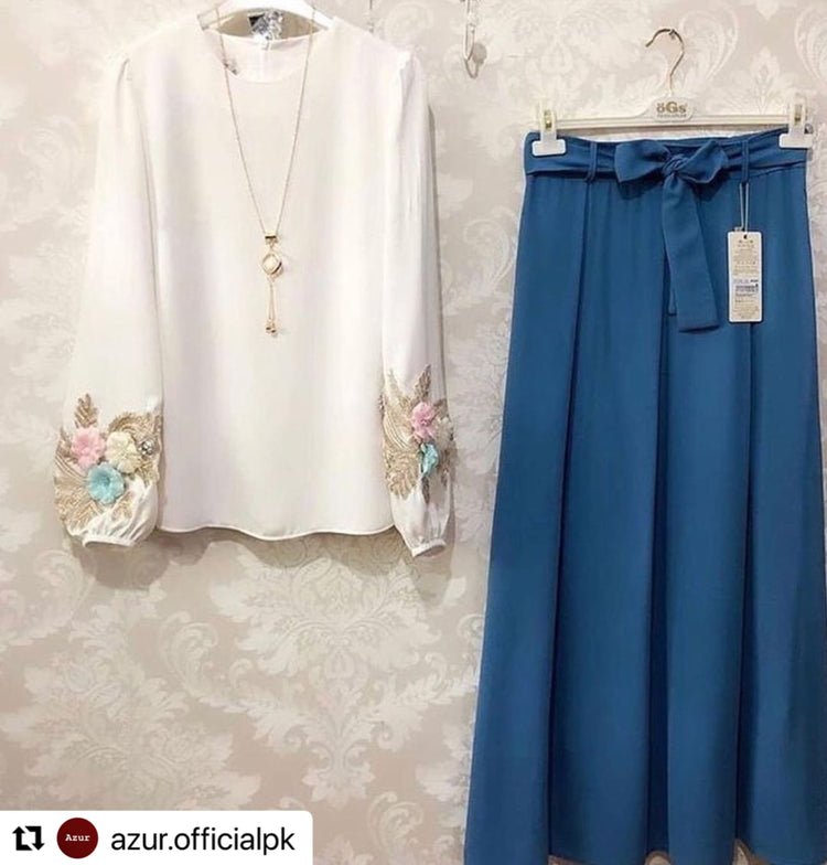 Elegant Shirt & Flowy Skirt Set with 3D Floral Motif