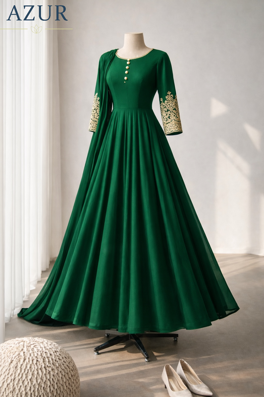 Embroidered Sleeve Flared Gown with Chiffon Dupatta