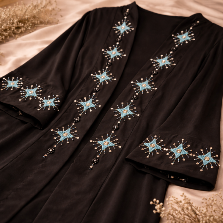Black Double Georgette Abaya with Hand-Embellished Turquoise Detailing