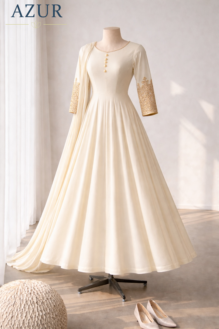 Embroidered Sleeve Flared Gown with Chiffon Dupatta