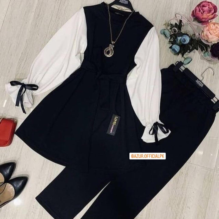 Contrast Bow Sleeve Shirt with Trousers