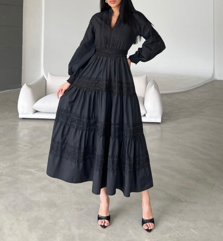 Black Lace Tiered Cotton Dress