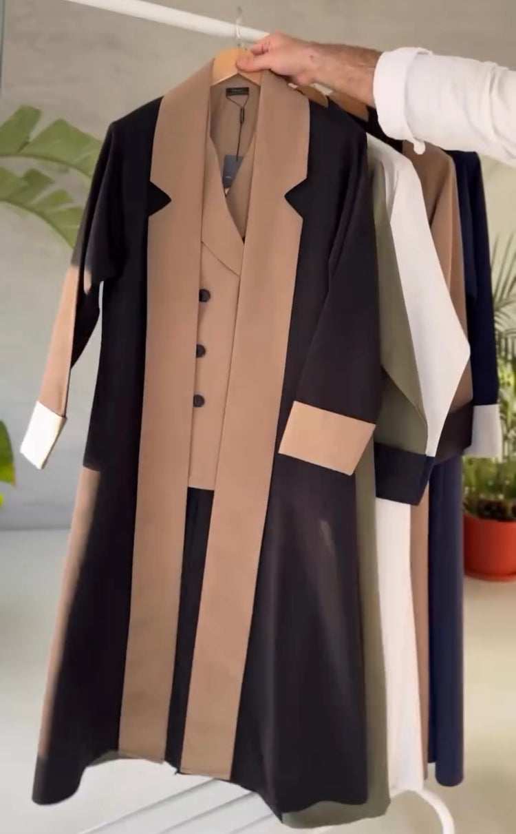 Elegant Tuxedo-Inspired Abaya Set – Gown, Shirt & Trousers
