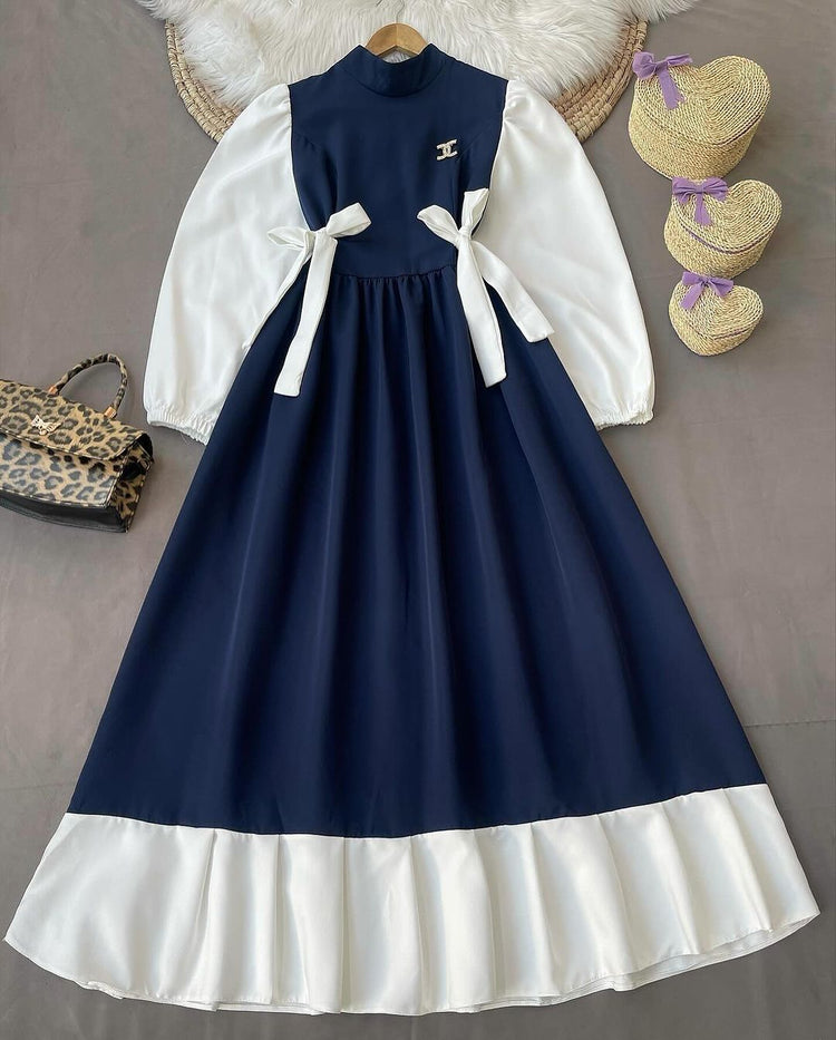 Elegant Contrast Bow Dress