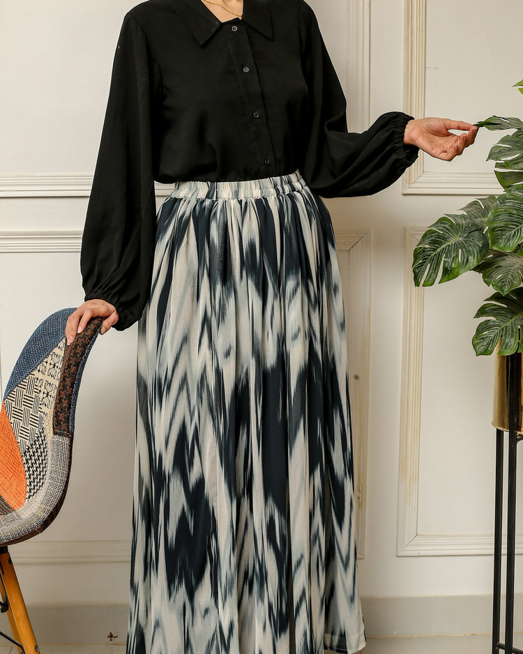 Black Georgette Shirt with Printed Chiffon Skirt