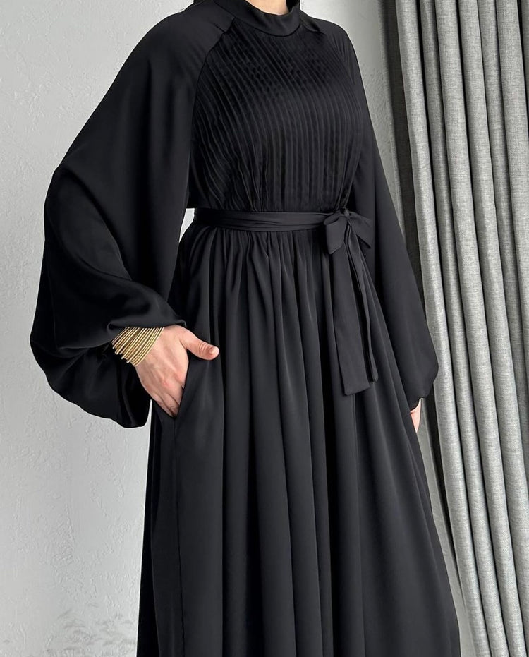 Pleated Waist Tie Maxi Abaya