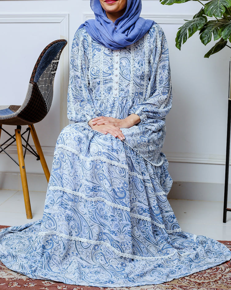 Blue Paisley Chiffon Maxi Dress