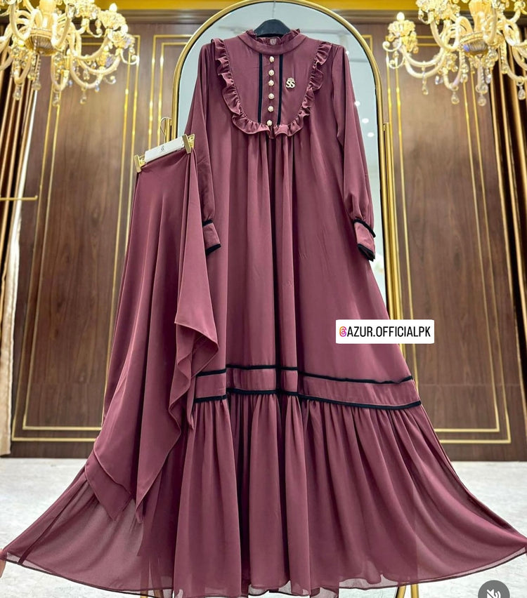 Elegant Ruffled Double Georgette Abaya with Stole