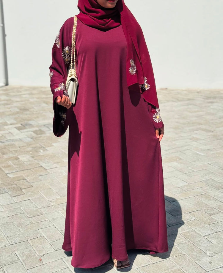 Floral Embroidered Crushed Silk Abaya