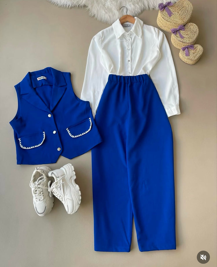 Chic Three-Piece Set with Embellished Vest
