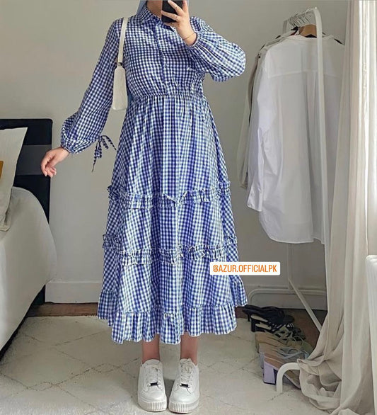 Checkered Cotton Dress with Ruffles