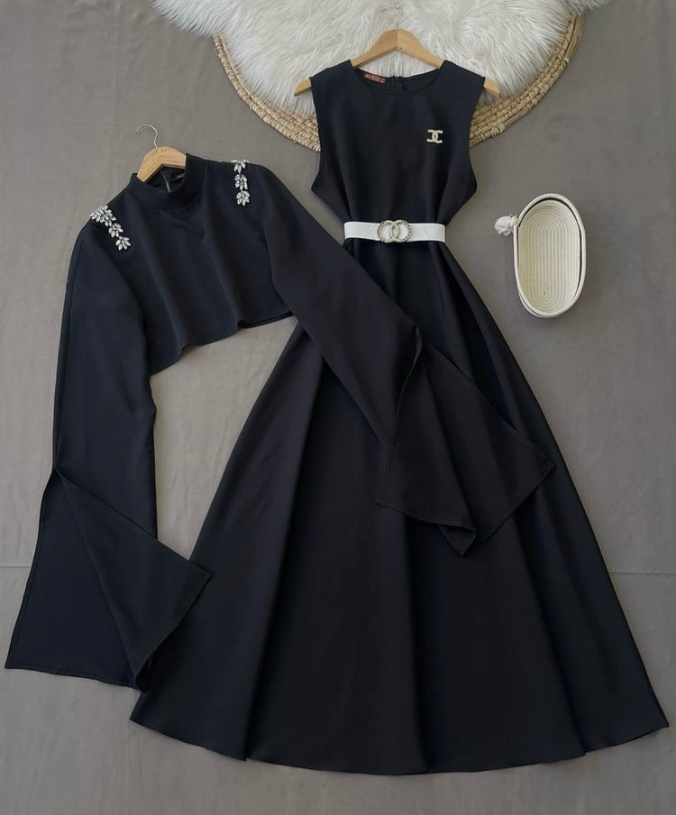 Elegant Double Georgette Dress with Embellished Crop Jacket