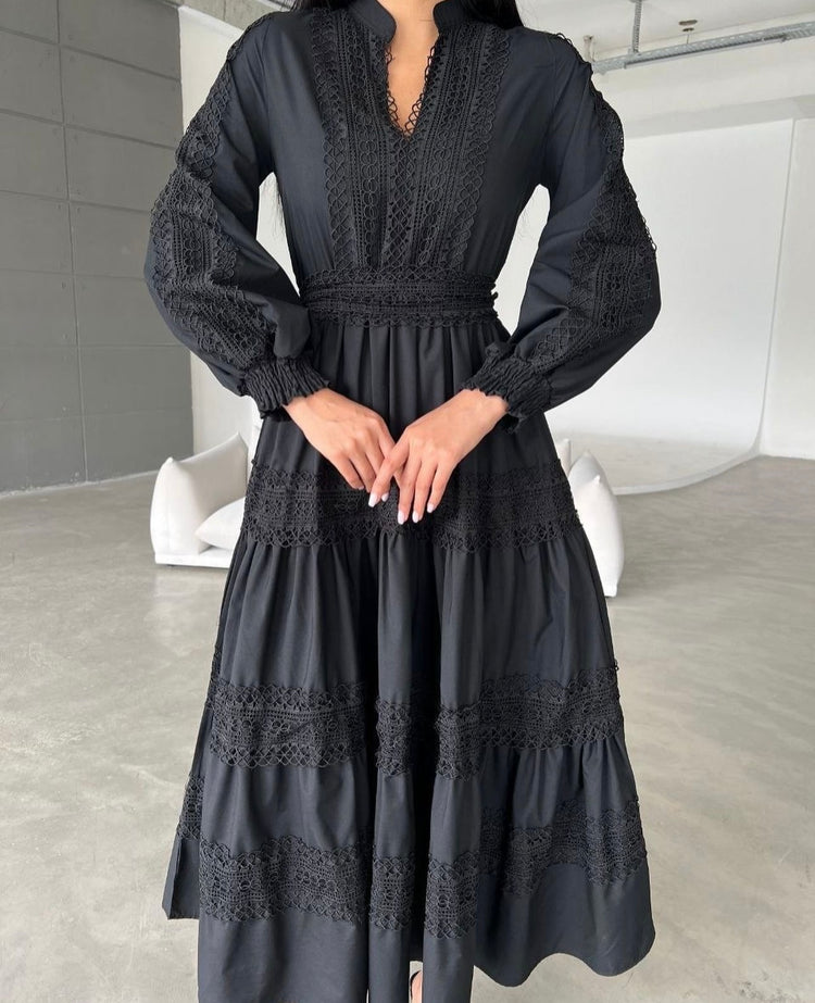 Black Lace Tiered Cotton Dress