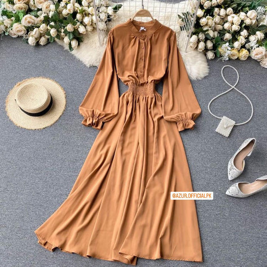 Smocked Waist Dress with Balloon Sleeves