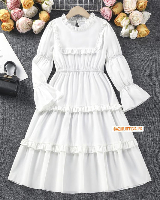 White Ruffle Dress with Elastic Sleeves